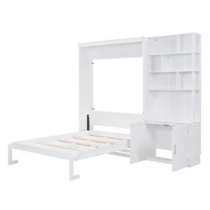 English Elm Full Full Size Murphy Bed with Hidden Cabinet, Multiple Shelves, Space-Saving White Design, 600lb Capacity GX000383AAK