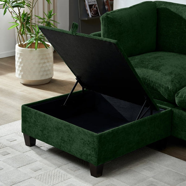 English Elm 96.5" L-shaped Chenille Sectional with Storage Ottoman Eucalyptus Frame Living Room Green W1097S00283