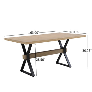 English Elm Christopher Knight Home® - X-shaped farmhouse dining table with thick 63" top, X-legs & powder-coated steel frame for six guests Natural Ash N771P256935A