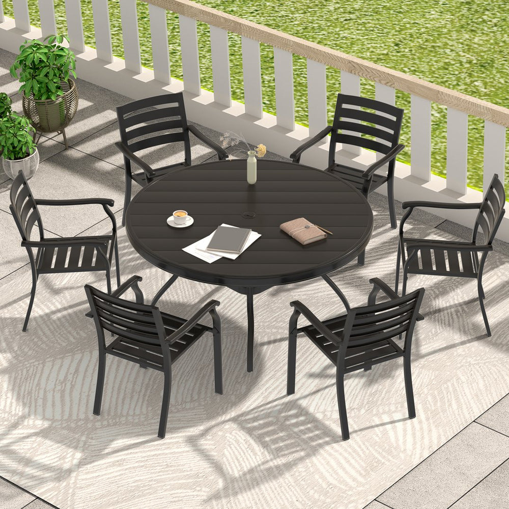English Elm 7-Piece Outdoor Patio Dining Set With 6 Stackable Chairs And Round Table For Effortless Dining Fun W213S00057