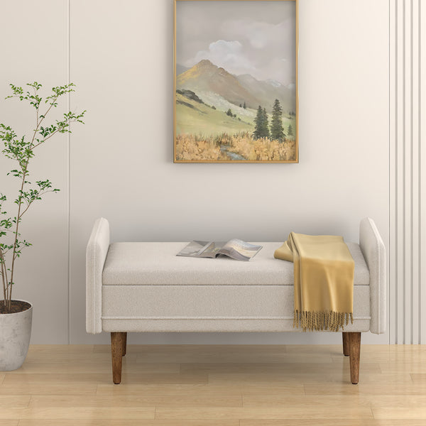 English Elm Teddy Beige Velvet Storage Stool with Hidden Compartment, Upholstered Bench for Living Room/Bedroom W487P226362