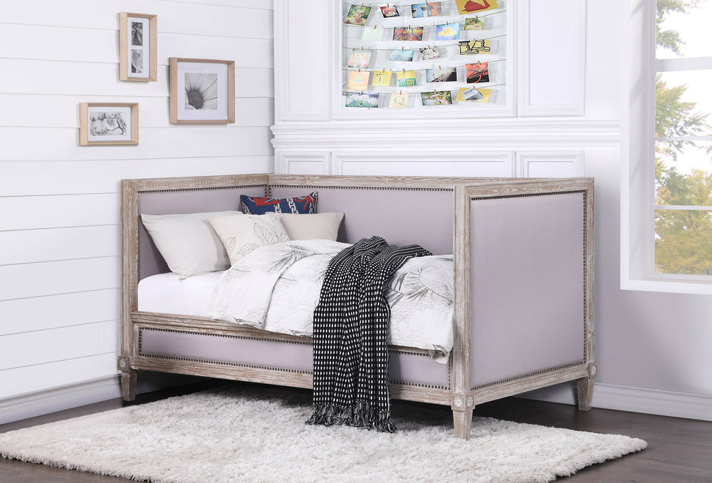 English Elm Beige Padded Linen Twin Daybed with Nailhead Trim, 13-Slat Support & Weathered Oak Tapered Legs B062S00502
