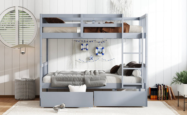 English Elm Twin Bunk Bed With Drawers - Space-Saving Convertible Twin Over Twin Design In Grey With Safety Features W504S00198-GIGA