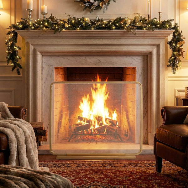 English Elm Tahlia Single Panel Iron Fireplace Screen Fine Mesh Spark Guard Modern Hearth Decor Golden N775P386922G