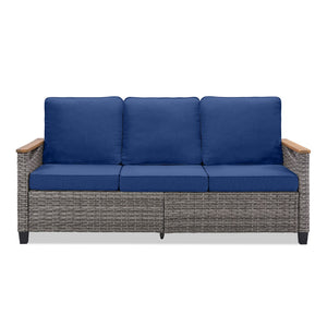 English Elm 73.2" Outdoor Handwoven Rattan 3 Seat Sofa with Olefin Cushions for Porch or Patio Blue T3773P418280