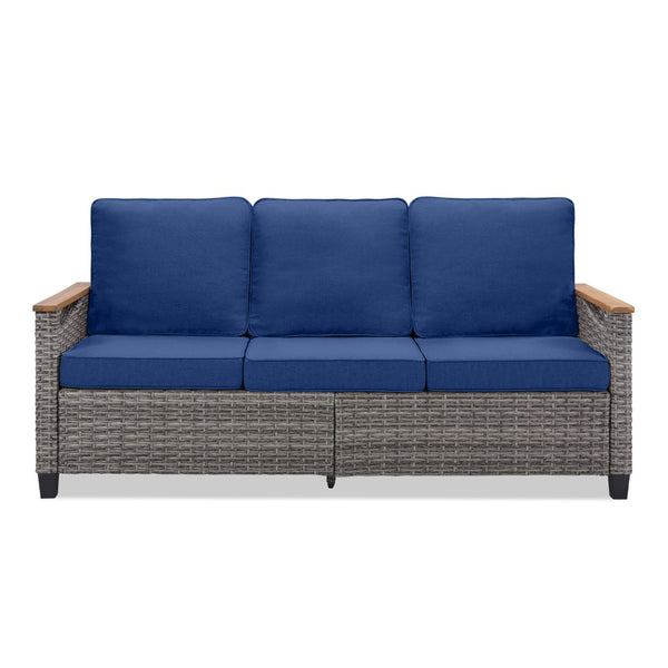 English Elm 73.2" Outdoor Handwoven Rattan 3 Seat Sofa with Olefin Cushions for Porch or Patio Blue T3773P418280