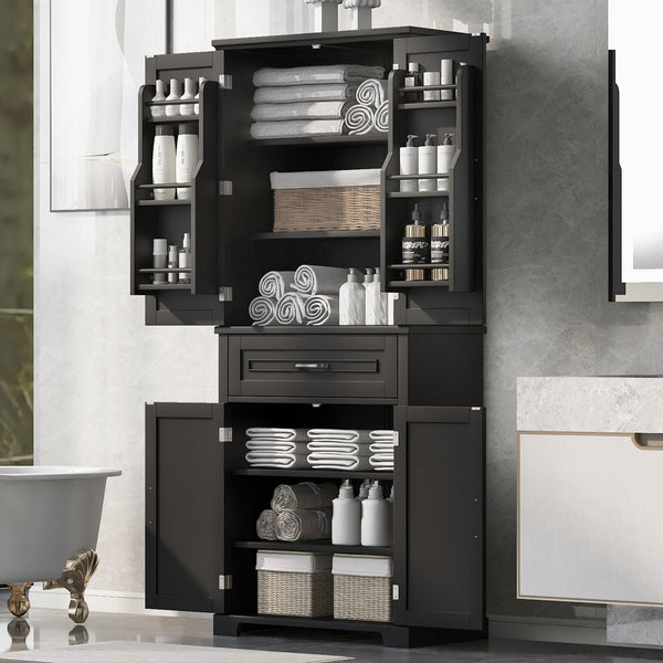 English Elm Bathroom Tall Storage Cabinet with Doors and Drawer, Adjustable Shelf, Anti-Tip Safety, MDF Finish Black N725P210330B