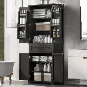 English Elm Bathroom Tall Storage Cabinet with Doors Drawer and Adjustable Shelf, MDF Build, Metal Handles, Anti-Tip Safety Black WF308204AAB