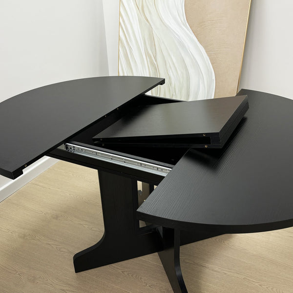 English Elm Dining Table Expandable 43–59" Oval with Removable Leaf, X-Base Farmhouse Style Oak Veneer Black – Seats 6 W1347P202405