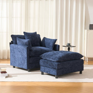 English Elm 39.4" Chenille Club Chair with Ottoman Solid Wood Frame Contemporary Living Room Seat Blue W3244P427715