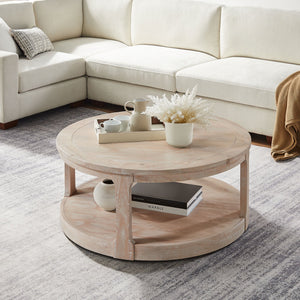 English Elm 40inch Rustic Curved 2-Tier Round Wooden Coffee Table with Wheels, Mid-Century Vintage Charm, Solid Pine Blend Oak W2582P202644
