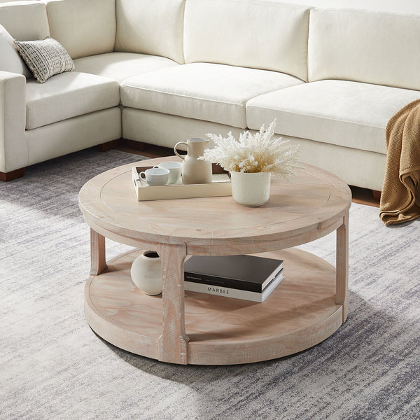 English Elm 40inch Rustic Curved 2-Tier Round Wooden Coffee Table with Wheels, Mid-Century Vintage Charm, Solid Pine Blend Oak W2582P202644