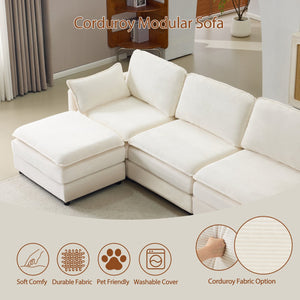 English Elm 136" Plush Cloud Modular 4-Seater Sofa with 2 Ottomans, Beige Corduroy, High-Resilience Foam Comfort, Durable Wood Frame W1829S00064