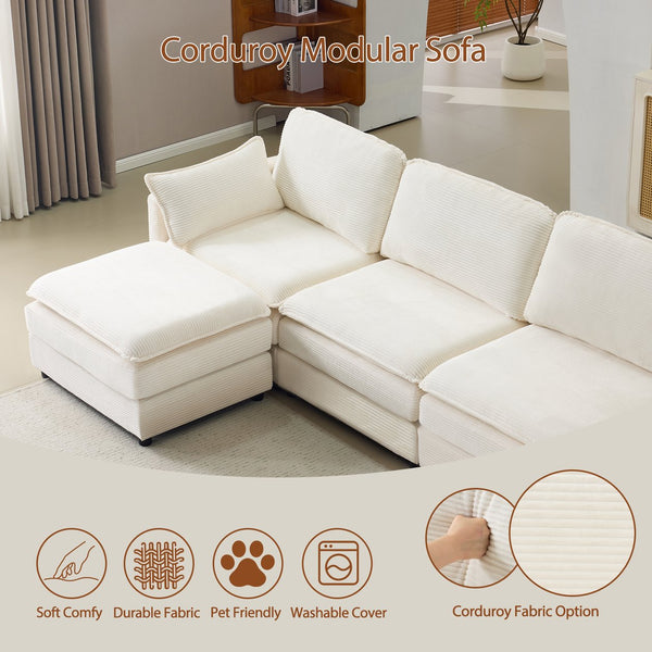 English Elm 136" Plush Cloud Modular 4-Seater Sofa with 2 Ottomans, Beige Corduroy, High-Resilience Foam Comfort, Durable Wood Frame W1829S00064