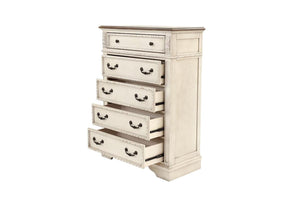 English Elm Antique Cream Wooden Chest of Drawers 5-Drawer Bedroom Dresser with Walnut Top Vintage Charm B011P236763