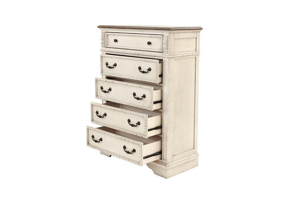 English Elm Antique Cream Wooden Chest of Drawers 5-Drawer Bedroom Dresser with Walnut Top Vintage Charm B011P236763