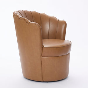 English Elm Light Brown Petal Swivel Chair — 360° Metal Base, Top-Grain Leather Wingback, Fluted Curve Accent Seat W570P375734