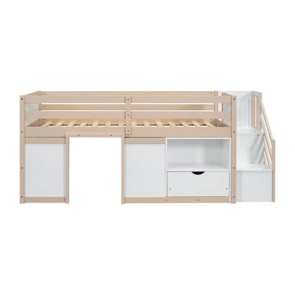 English Elm Solid Pine Twin Low Loft Bed with Stair Drawer Shelf Playhouse Frame for Kids W697S00036