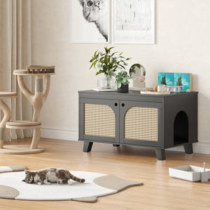 English Elm Flip Top Hidden Cat Litter Box Enclosure with Rattan Doors, Flip-Top Access, Odor Control, Stylish Table Ready Black T3623P354969