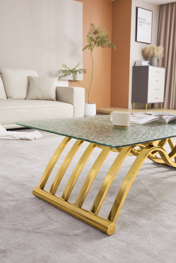 English Elm 47" Rectangle Modern Coffee Table With Ripple Glass Top, Gold Stainless Steel Frame, Easy Assembly W2978S00015