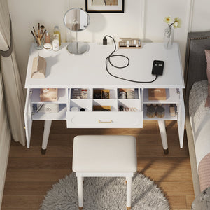English Elm Elegant Vanity Makeup Table with Charging Station & Carved Glass Door, Sturdy Stool Included White N844P285188A
