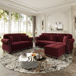 English Elm Upholstered Velvet Chesterfield Sofa with Button Tufting Nailhead Trim and Ottoman Burgundy W1885S00396