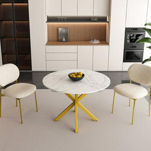 English Elm Modern Round Extendable Dining Table with Marble Vein Top, Carbon Steel X-Base, Seats 4-6, White W2700P331234