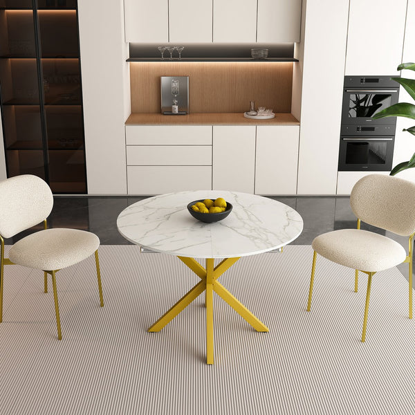 English Elm Modern Round Extendable Dining Table with Marble Vein Top, Carbon Steel X-Base, Seats 4-6, White W2700P331234