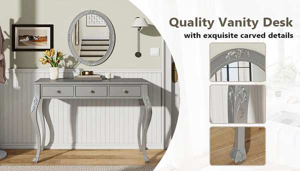English Elm Luxury Makeup Vanity Desk with Oval Mirror and Engraved Floral Frame, Velvet Jewelry Tray, Durable Drawers and Elegant Console for Bedroom & Living Room Decor Silver N844P292481S