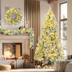 English Elm 6FT Snow Flocked Christmas Tree with Pre-Lit Colorful LEDs, 9ft Garland & Wreath Set, Hinged Decor N704P199472A