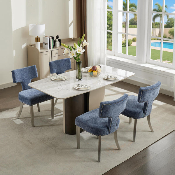 English Elm Mid Century Modern Dining Chairs with Copper Nail Trim, Plush High-Density Foam Seats, Brushed Steel Legs Blue W1143P314901