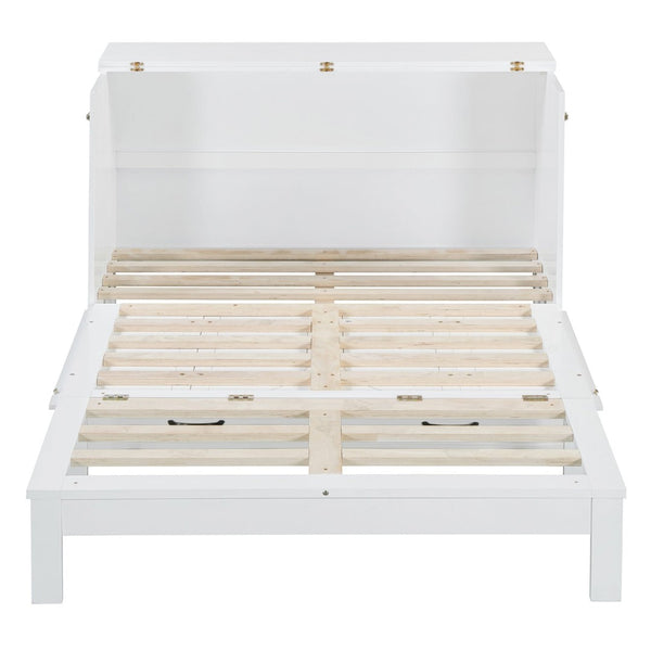 English Elm Full Size Murphy Bed Rattan Cabinet with Storage Drawers and Gold Hardware White N708S00009K