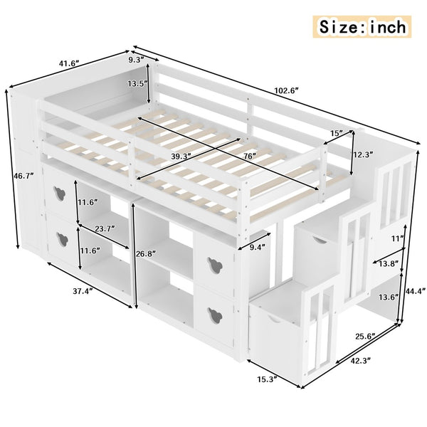 English Elm Twin Kids Low Loft Bed with Stair Drawers Built-in Led Shelving and Bear Handles W697S00039