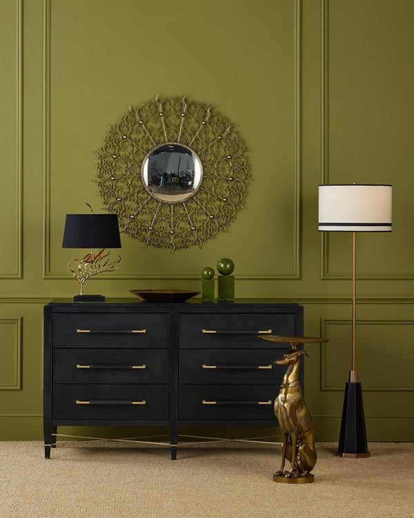 Currey & Company Verona Black Six-drawer Chest: Elegant Mahogany Design With Glamorous Champagne Accents And Luxury Touches Black Lacquered Linen ,Mahogany ,Engineered Wood ,Metal ,Faux Velvet 3000-0332-currey-company