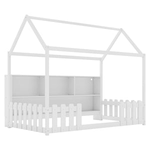 English Elm Twin House Bed with LED Light and Built-In Bookshelf, Solid Wood Playhouse Design for Kids Safety White 78.15 L x 15.75 W x 6.1 H W2593P269087
