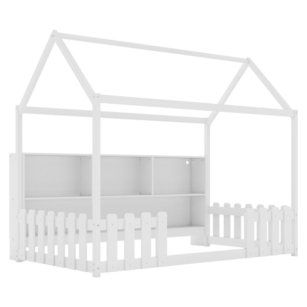 English Elm Twin House Bed with LED Light and Built-In Bookshelf, Solid Wood Playhouse Design for Kids Safety White 78.15 L x 15.75 W x 6.1 H W2593P269087