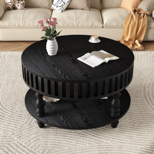 English Elm Farmhouse Fluted Square Coffee Table with Flip Top Hidden Compartment and Open Shelf Black W1445P370482