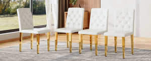 English Elm 4-pack PU dining chairs with ergonomic buckle backrest, high-density sponge seat, gold metal legs elegant luxury White+Gold W1151P295709