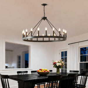 English Elm 20-light Oversized Wagon Wheel Chandelier Matte Black Farmhouse Style for Grand Spaces W5008P388936