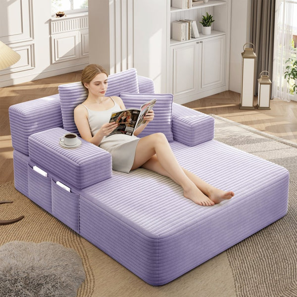 English Elm Luxurious Corduroy Frameless Chaise Sofa Bed with Spring Cushion and Storage Pocket Purple W3219P496264