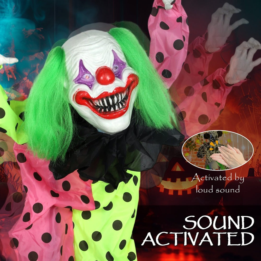 English Elm Halloween Animatronic Triple Clown Stack with Glowing Eyes Sound Activated Jumpscare T3971P381110