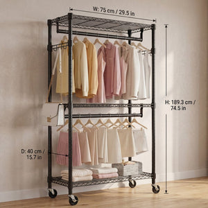 English Elm Heavy Duty Carbon Steel Rolling Garment Rack with Wire Shelving Dual Rods and Side Hooks Black W5386P480840