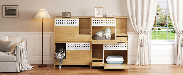 English Elm 2-piece Modern Cat Litter Box Enclosure Side Table Set with Hidden Storage N752S004342N