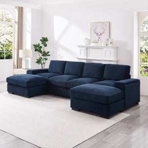 English Elm 122"l Corduroy Sectional with Dual Ottomans Modular U-shape Sofa for Modern Living Dark Blue W1669S00046