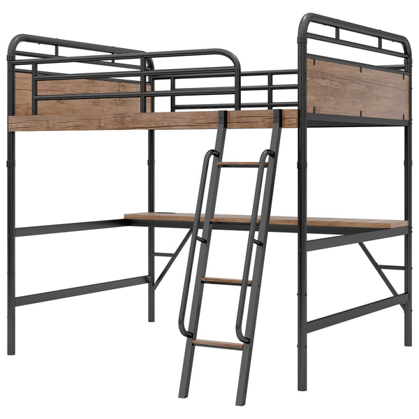 English Elm Full Size Metal Loft Bed with Desk, LED Light & Charging Station, MDF Panels, Safe Rounded Edges W2580P286695