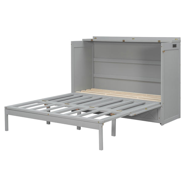 English Elm Queen Murphy Wall Bed Cabinet with Storage Drawer Built-in Power Outlets Usb Ports Gray LP000400AAE-1