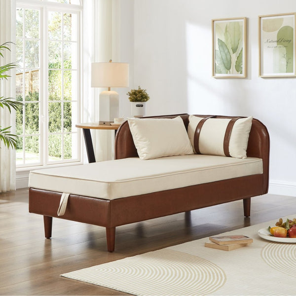 English Elm 65" Velvet Storage Chaise Lounge with Pu Leather Panels Eucalyptus Frame Accent Seat Brown+Beige W1097P434115