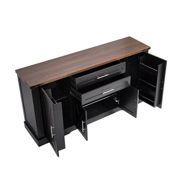 English Elm 63" Fluted Mdf Sideboard with Wood Tone Top Four Doors Three Drawers Dining Storage Black W2917S00012