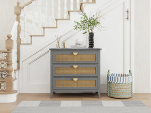 English Elm 3 Drawer Cabinet Solid Wood Veneer & Natural Rattan Finish, Hand-Painted Detail, Anti-Slip Feet for Bedroom Living Room Study (34x18x10 in) Gray W68858065