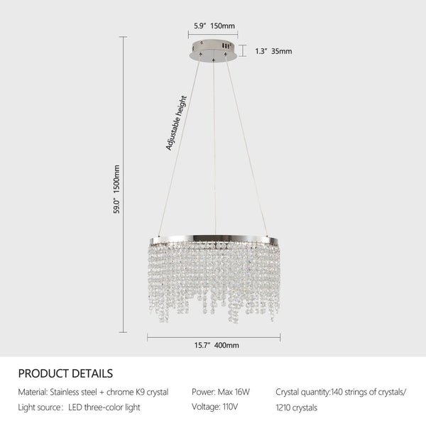 English Elm 16-inch K9 Crystal Led Chandelier Polished Chrome Selectable Warm Daylight Glow W2312P415978